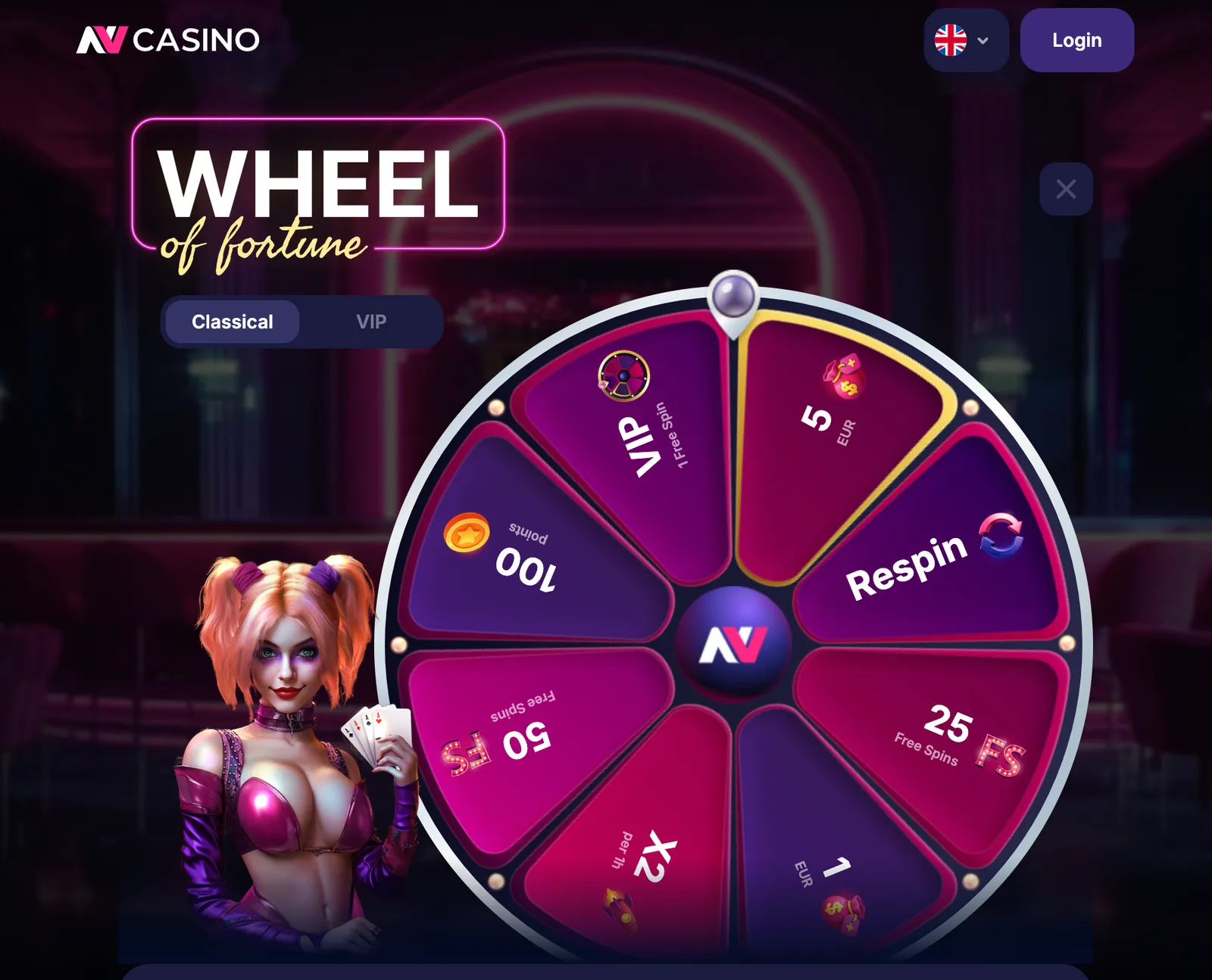 Η αρχική σελίδα του NV Casino με τον τροχό επιβράβευσης και κουμπί σύνδεσης
